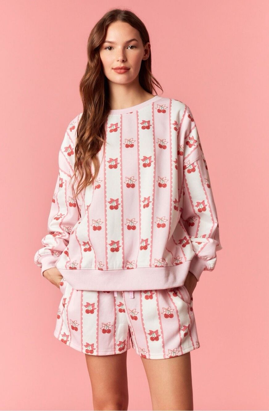 #2027. SET Peach Love CA Pink/Red Cozy Cherry Crewneck Short Lounge Set NWT